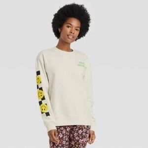 Women's Neon Smiley Graphic Sweatshirt - Ivory L
